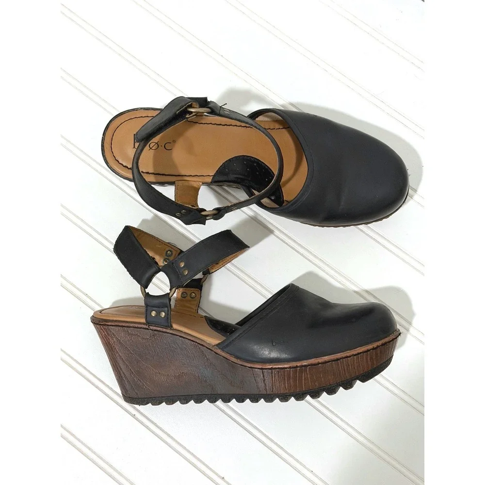 b.o.c. Born Concept Black Leather Rina Wedge Sandals Clog Platform Womens 9M
